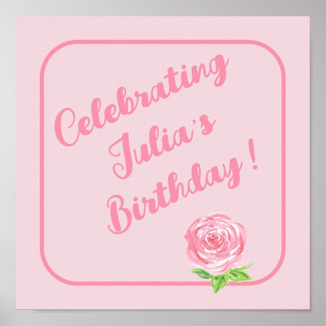 Handgemalte Aquarellfarben-Rose GLÜCKLICH BIRTHTAG Poster (Vorne)
