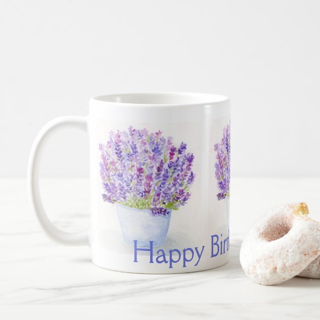 Handgemalte Aquarelllavender Floral BIRTHDAY Kaffeetasse (Mit Donut)