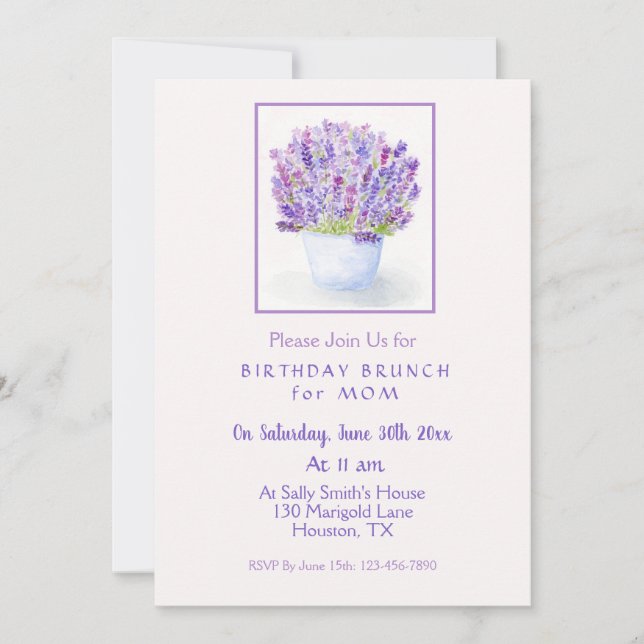 Handgemalte Aquarelllavender Floral Geburtstag Einladung (Vorderseite)