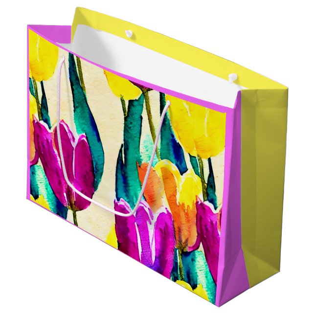 Handgemalte Aquarelltulips Gelb Rosa Große Geschenktüte (Vorderseite Schrägansicht)