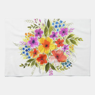 Handgemalte Blume, leuchtendes Aquarellbouquet. Geschirrtuch