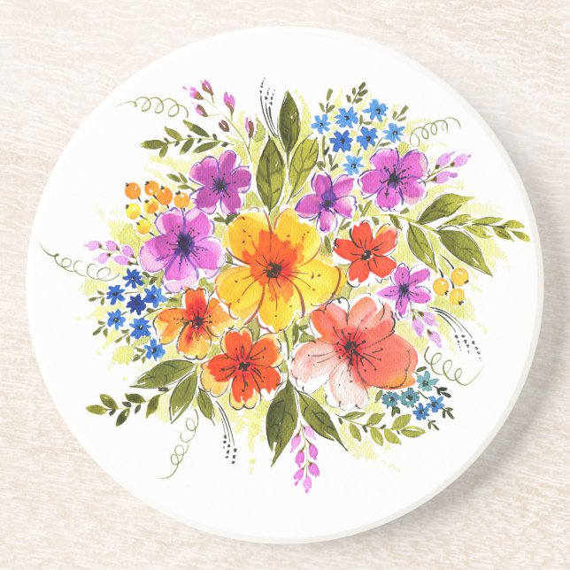 Handgemalte Blume, leuchtendes Aquarellbouquet. Getränkeuntersetzer (Vorne)
