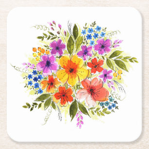 Handgemalte Blume, leuchtendes Aquarellbouquet. Rechteckiger Pappuntersetzer