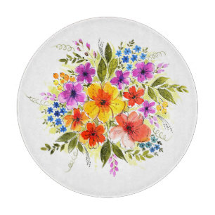 Handgemalte Blume, leuchtendes Aquarellbouquet. Schneidebrett