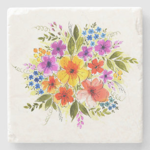 Handgemalte Blume, leuchtendes Aquarellbouquet. Steinuntersetzer