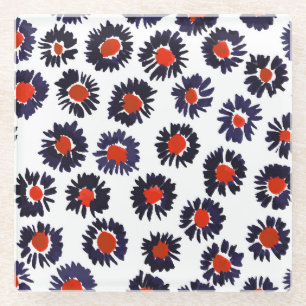 Handgemalte Blume, rot und blau. Glasuntersetzer