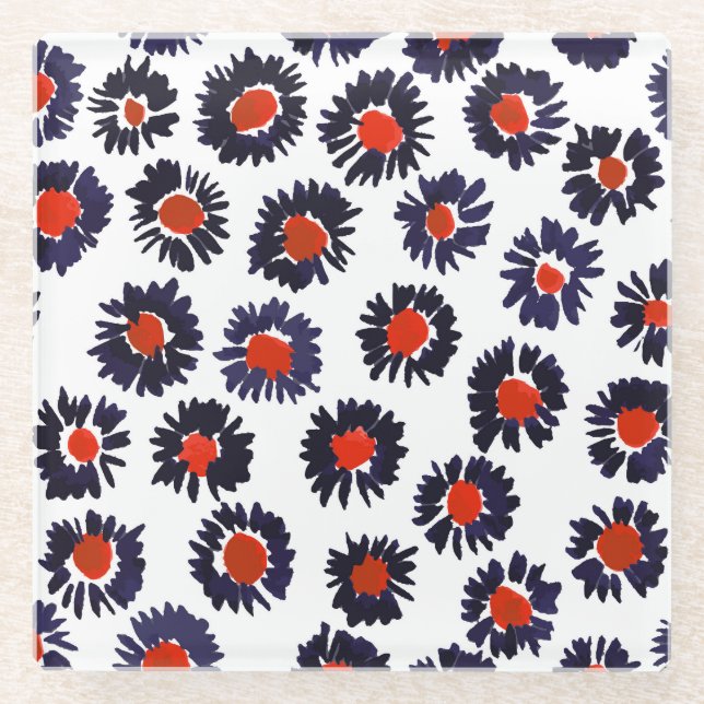 Handgemalte Blume, rot und blau. Glasuntersetzer (Vorderseite)
