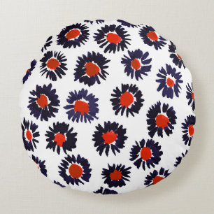Handgemalte Blume, rot und blau. Rundes Kissen