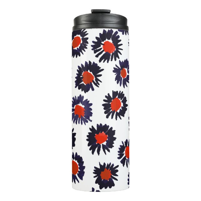 Handgemalte Blume, rot und blau. Thermosbecher (Vorderseite)
