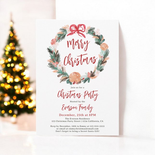 Handgemalte Blumenkronen Weihnachten Einladung (Hand Painted Floral Watercolor Wreath Christmas Invitation)