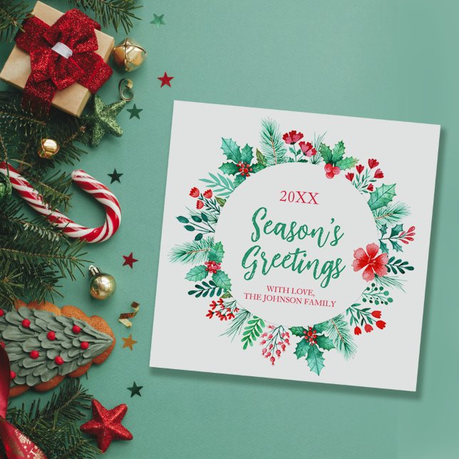 Handgemalte Botanicals mit Holly Feiertagskarte (Watercolor Botanicals with Holly + Pine Christmas Holiday Card)