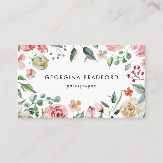 Handgemalte botanische Rose und Foliage Visitenkarte (Vorderseite)