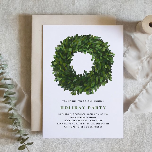 Handgemalte Boxwood Wreath Holiday Party Einladung (Von Creator hochgeladen)