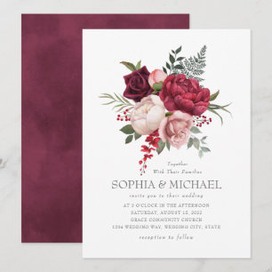 Handgemalte Burgundy-Rose Bläsersilber-Script Einladung