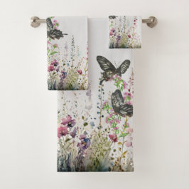 Handgemalte Ceylon-Rose Schmetterling Badhandtuch Set