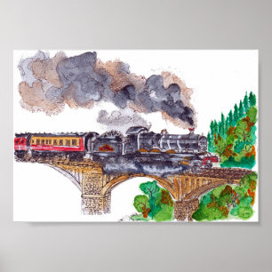 Handgemalte Dampflokomotive Aquarell Poster