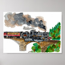 Handgemalte Dampflokomotive Aquarell
