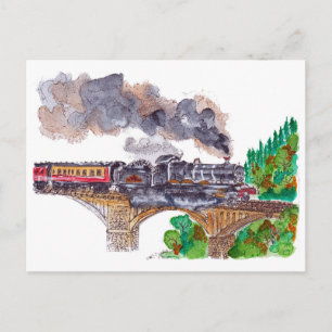 Handgemalte Dampflokomotive Aquarell Postkarte