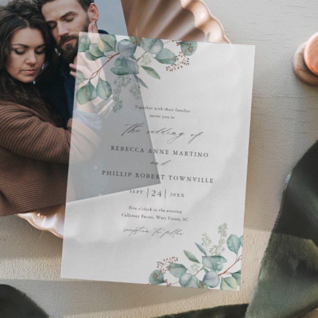 Handgemalte Eukalyptus-Hochzeit (Elegant hand painted eucalyptus greenery vellum wedding invitation.)