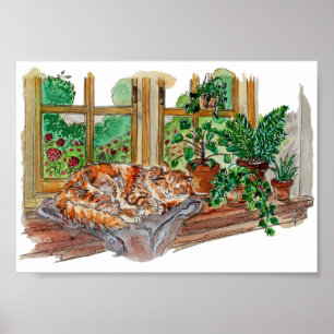Handgemalte gemütliche Fensterkatze Aquarell-Kunst Poster