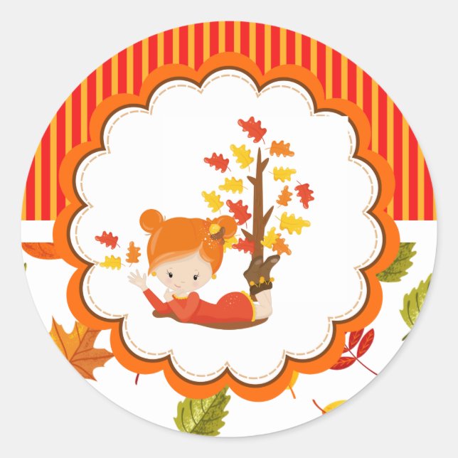 Handgemalte Herbst-Adorable Girl Round Sticker (Vorderseite)