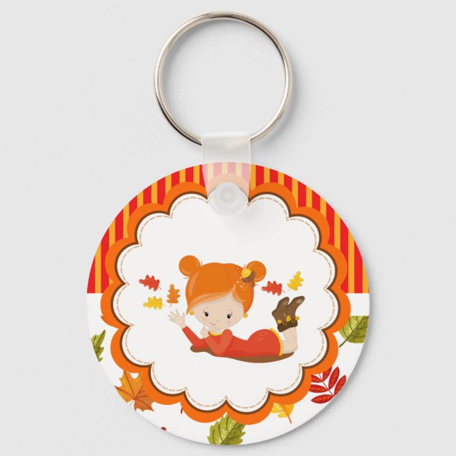 Handgemalte Herbst-Adorable-Girl Schlüsselanhänger (Vorderseite)