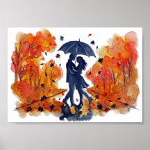 Handgemalte Herbst-Paar-Silhouette Aquarell