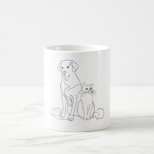 Handgemalte Hund- und Katze Linienkunst-Illustrati Kaffeetasse