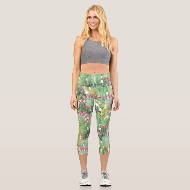 Handgemalte Kakteen: Wüstengrün Capri Leggings (Vorderseite)