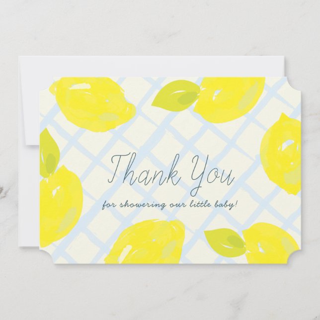 Handgemalte Lemon Blue Karos Babydusche Dankeskarte (Vorderseite)