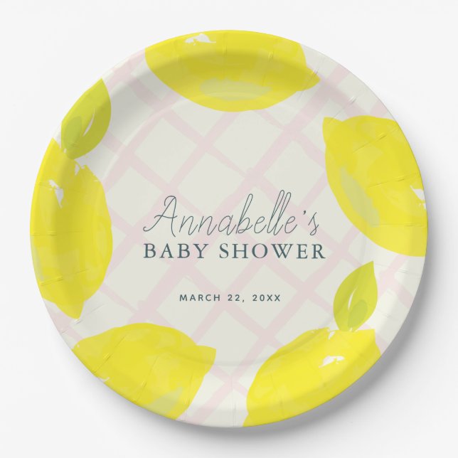 Handgemalte Lemon Pink Babydusche Pappteller (Vorderseite)