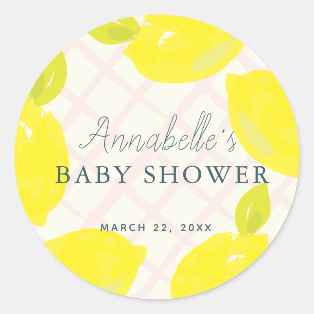 Handgemalte Lemon Pink Babydusche Runder Aufkleber (Vorderseite)