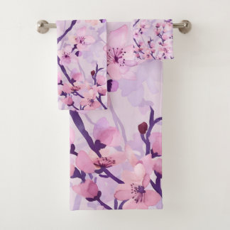 Handgemalte lila Kirschblüten Badhandtuch Set