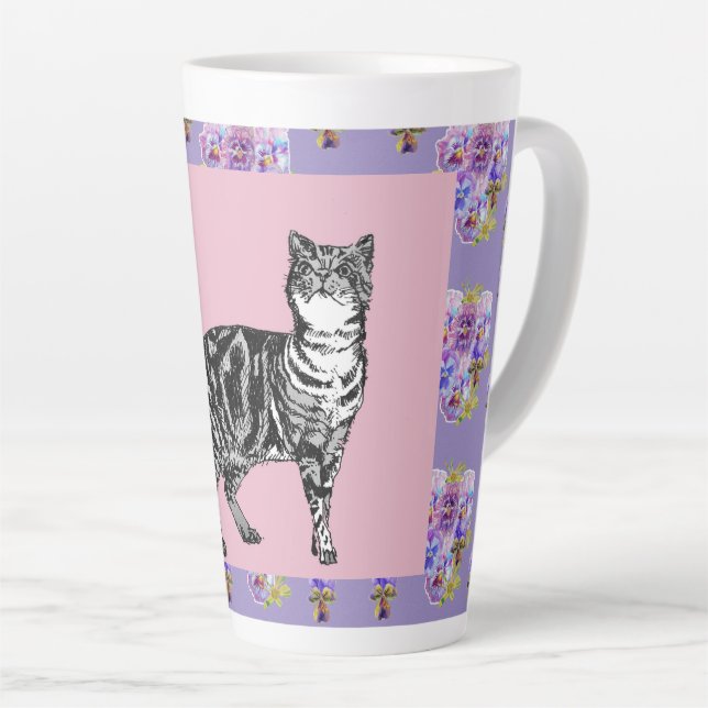 Handgemalte Lila Tabby Katzenblüte Latte Tasse (Rechte Ecke)