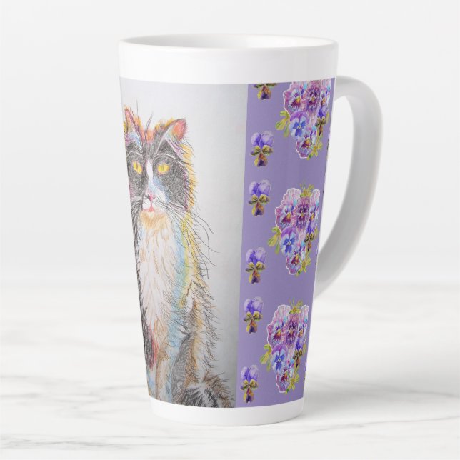 Handgemalte Lila Tuxedo Katzenblume Latte Tasse (Rechte Ecke)