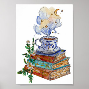 Handgemalte Magische Bücher Dampfende Tasse Wasser Poster