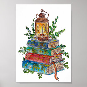 Handgemalte Magische Bücher Laterne Aquarell Poster