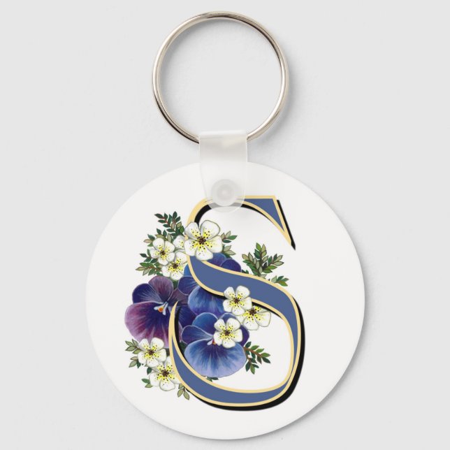 Handgemalte Pansy Initial Monogramm - S Schlüsselanhänger (Vorderseite)