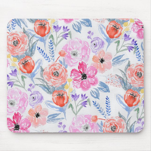 Handgemalte rosa korallenrote Watercolor-Blumen Mousepad (Vorne)