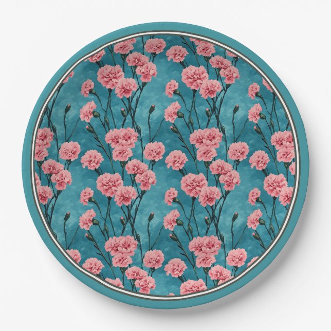 Handgemalte rosa Nelken Pappteller (Vorderseite)