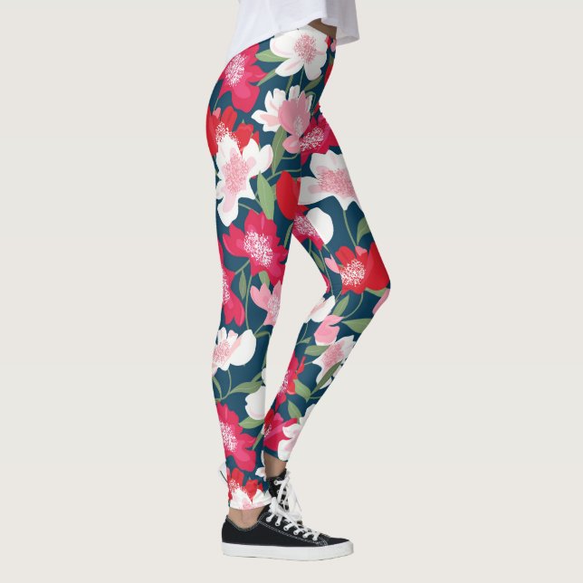 Handgemalte rosa Rot-Kosmos-Blume Muster Fun Leggings (Rechts)