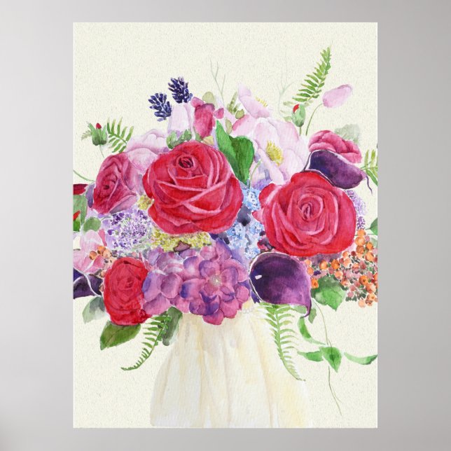 handgemalte rote Rose magenta hydrangea Bouquet Poster (Vorne)