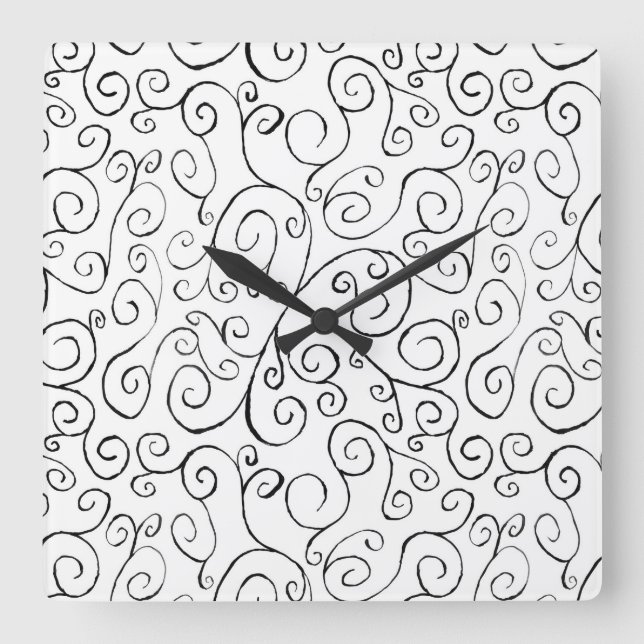 Handgemalte schwarze Krümmung auf Weiß Quadratische Wanduhr (Vorderseite)