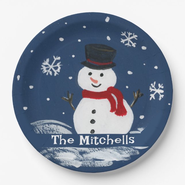 Handgemalte Snowman PERSONALIZE Pappteller (Vorderseite)
