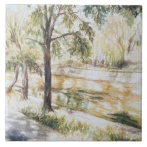 Handgemalte sommerliche Aquarellbäume Fluss