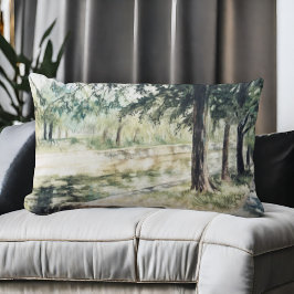 Handgemalte sommerliche Aquarellbäume Fluss Lendenkissen