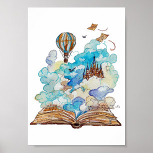 Handgemalte Storybook-Flugburg-Aquarell Poster