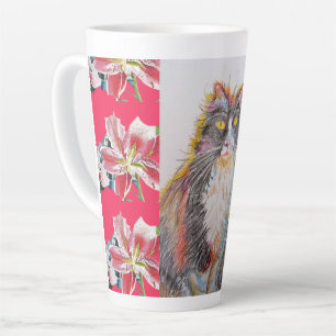 Handgemalte Tuxedo Katze Blumenrot Latte Tasse