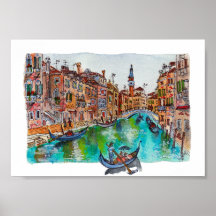 Handgemalte Venedig-Kanäle und Gondeln Aquarell