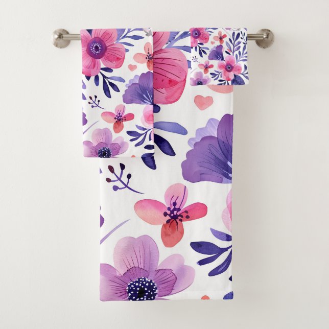 Handgemalte violette Blumen Badhandtuch Set (Insitu)